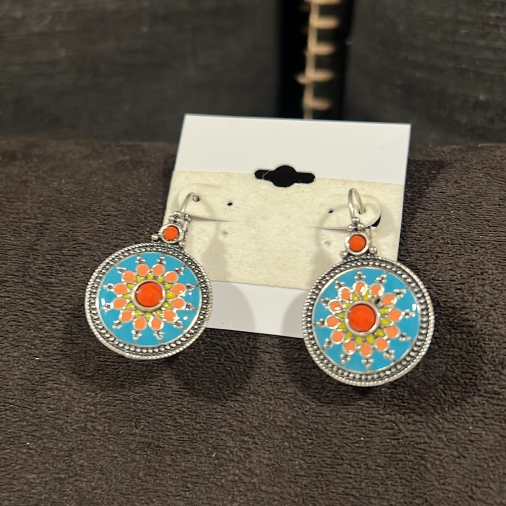 Colorful Round Boho Earrings Lever Back Pierced Turquoise Peach Yellow Coral NWT